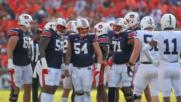 Auburn's offensive line: Tate Johnson, Brandon Council, Austin Troxell, and Keiondre Jones vs Penn State.